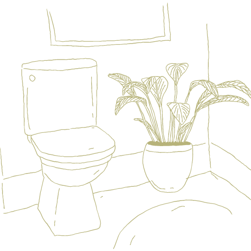 decorative drawing of a bathroom fixture with potted plant in gold
