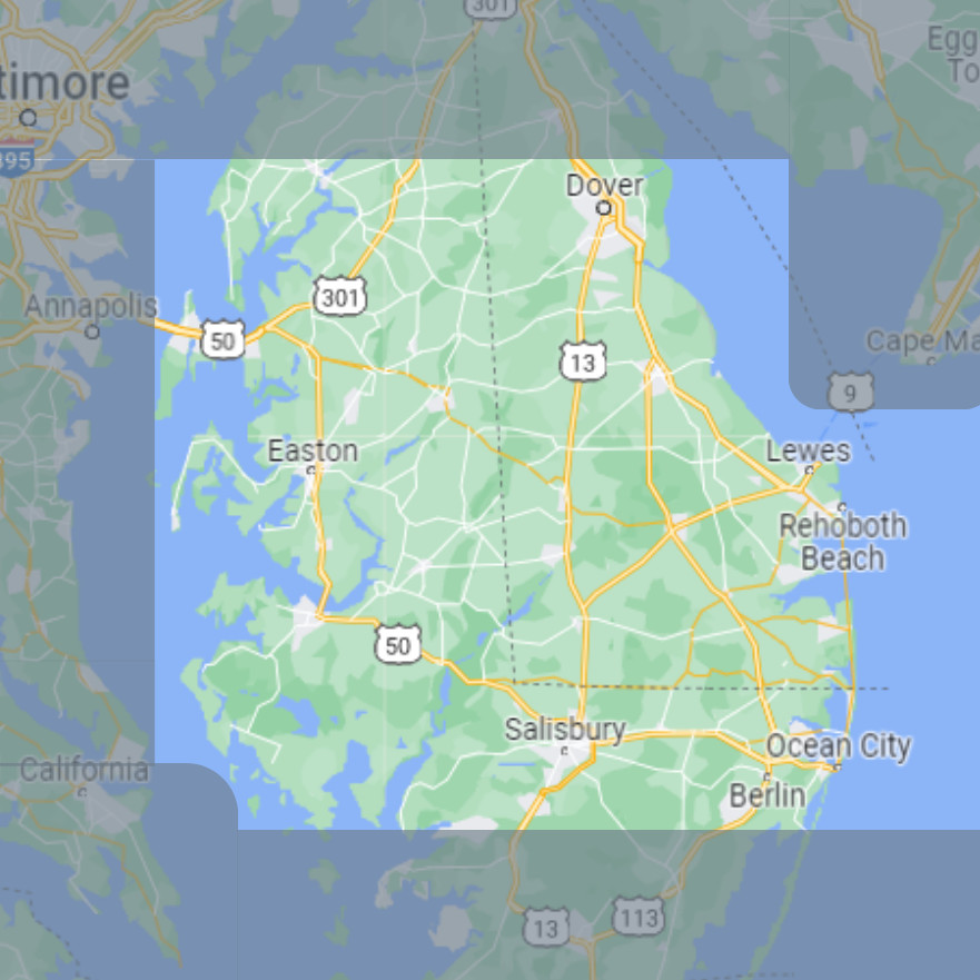 MHEC service area map, highlighting Delaware, Maryland's Eastern Shore, and the northern end of Virginia's Eastern Shore.